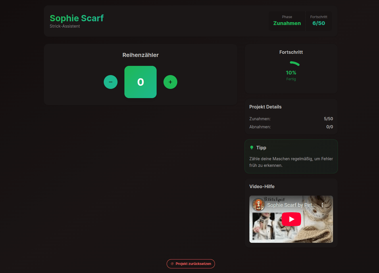 Screenshot of knittly project